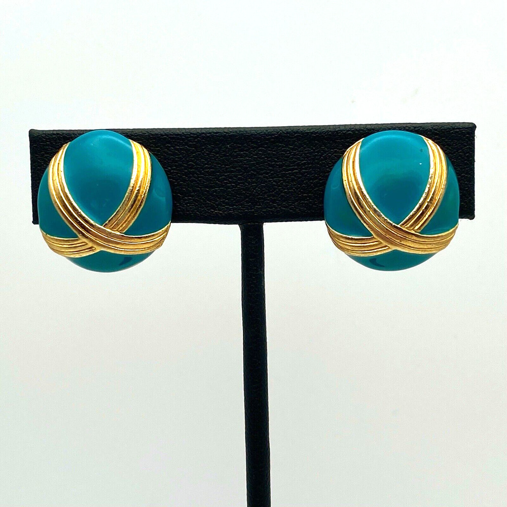 Vintage Gold Tone Teal Blue Enamel Criss Cross Button Earrings High Quality .75"